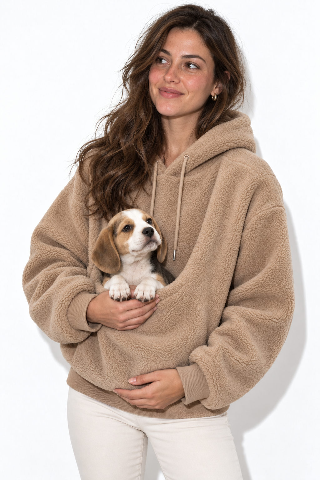 Khaki Pawttle Cuddle Hoodie modeled with a small dog