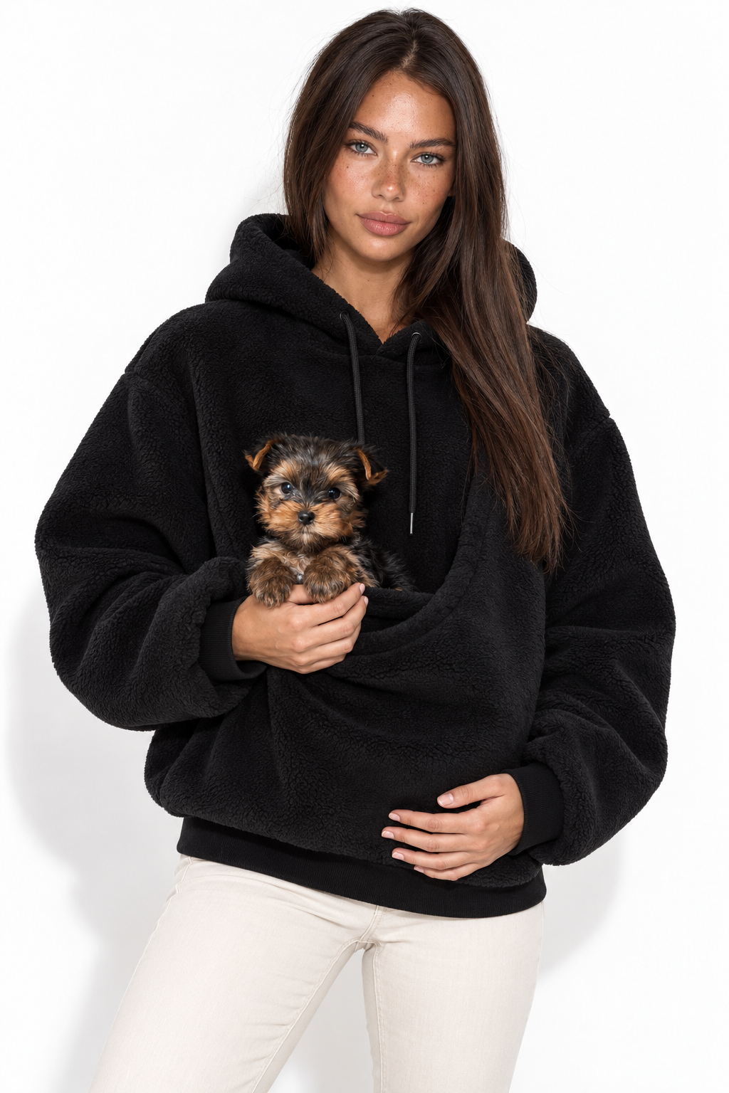 Black Pawttle Cuddle Hoodie modeled with a small dog against a white studio background